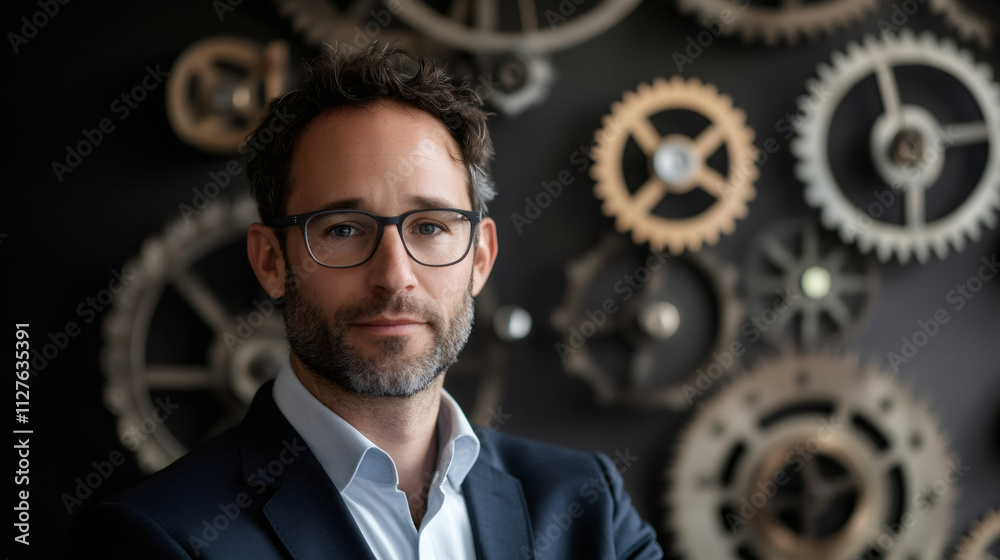 Poster Businessman posing with interconnected gears in the background, representing intricate business processes, engineering, or innovation