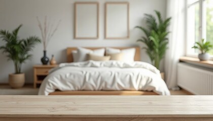 Fototapeta premium Empty light brown wooden table in front of blurred bedroom interior with cozy bed, plants. Natural light brightens scene. Suitable for various products interior design themes.