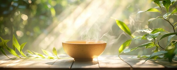 Ceramic tea cup in serene forest, sunlight filtering through leaves, forest tea vibes, calming menu design