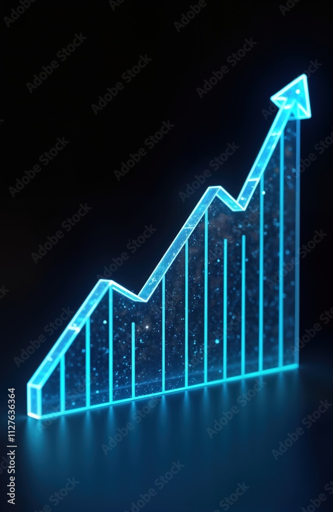 Poster Modern three dimensional graph displays upward trend in business finance. Futuristic design with vibrant blue light. Abstract illustration economic growth. Graph shows positive investment, financial