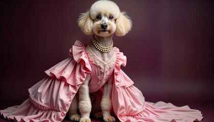 Fototapeta premium Adorable dog wearing pink Victorian dress. Elegant pet in stylish costume. Pet model poses confidently. Vintage fashion portrait. Charming dog. Historic dog photo. Cute, funny style. Fashionable dog.