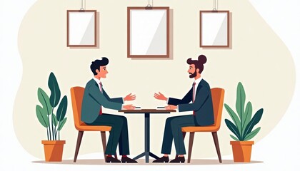 Fototapeta premium Two businesspeople sit in private office discussing salary. They are in formal attire. Image suggests pro negotiation. Office has neutral color scheme. Setting implies moment of pro discussion.