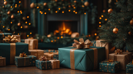 Obraz premium Classical Christmas decorated interior living room with fireplace. Christmas tree with ornament decorations gift boxes. Modern classic style interior design apartment. Christmas eve at home