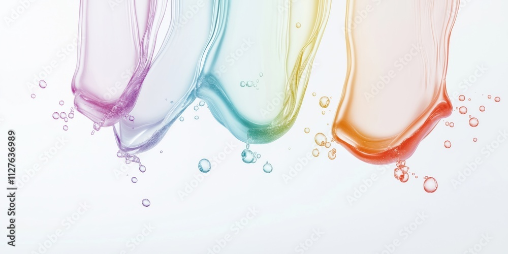 Poster Colorful transparent liquid drops in slow motion on white background. Rainbow gradient effect. Abstract design. Multiple layers create dynamic effect. Smooth flow of liquid. Beautiful visual