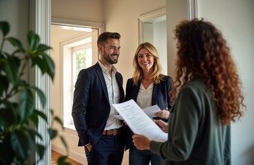 Happy couple meets real estate agent indoors. Review property documents. Agent assists first-time homebuyers. Pro, friendly atmosphere. Indoor setting. Business meeting for property purchase. New