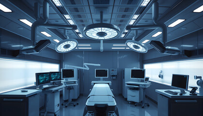 Obraz premium Establishing Shot of Technologically Advanced Operating Room with No People, Ready for Surgery. Real Modern Operating TheaterWith Working equipment, Lights and Computers Ready for Surgeons isolated