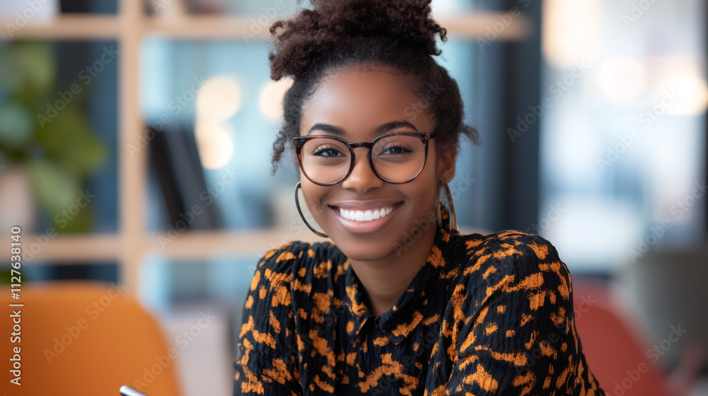 Canvas Prints Smiling african american businesswoman with glasses posing in a modern office setting