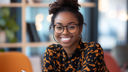 Smiling african american businesswoman with glasses posing in a modern office setting