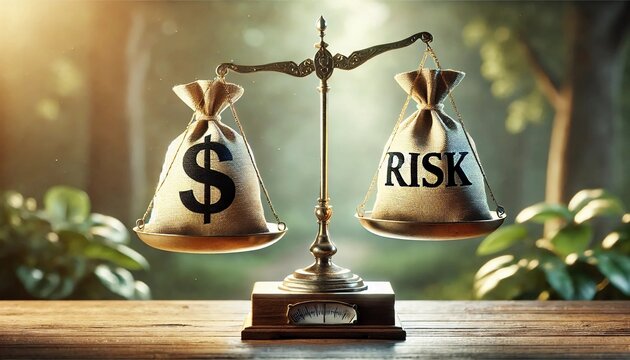 Risk assessment/risk analysis and management concept : Dollar and risk bags on basic balance scale, depict evaluation of financial risk that investor involved in stock, futures and derivative market