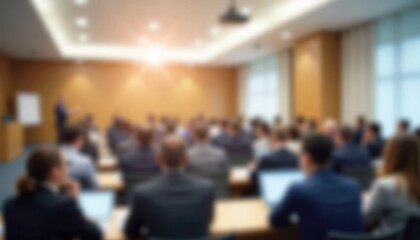 Fototapeta premium Corporate seminar in conference hall. Many people sit in rows listening to speaker. Conference room well lit, organized. Looks like important business training meeting. Attendees focused. Event