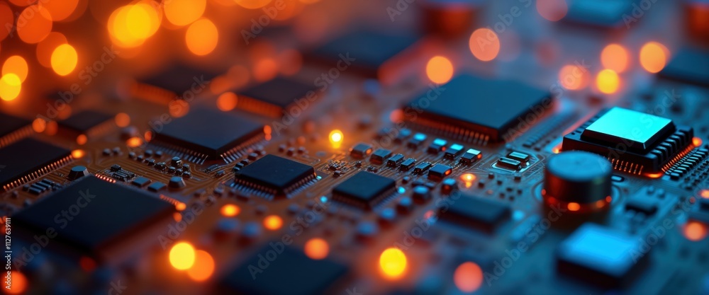 Aufkleber Close-up view of circuit board with microchips. Modern tech components shine under lights. Tech equipment in factory. Industrial manufacturing. Modern electronics. High-tech components. Focused on