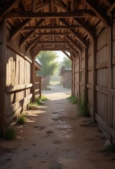 Obraz premium Old wooden barn stalls with a sheltered pathway for animals, livestock, barn
