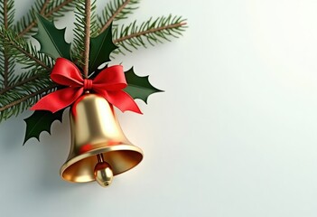 Golden Christmas bell with red ribbon, holly. Festive decoration. Christmas ornament. Holiday...