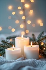 Cozy winter scene with soft glowing candles, fairy lights. White candles flicker warmly on light gray textured blanket. Evergreen branches create festive touch. Warm ambiance creates perfect cozy