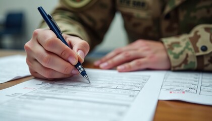 Military member filling out absentee ballot. Person in uniform completing form. Focused action on official documents. Serious business atmosphere. Possible location in office dedicated voting site.