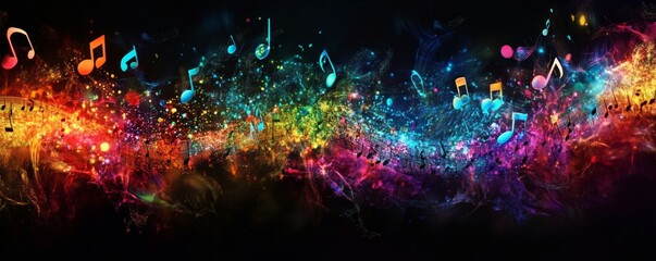 Fototapeta premium Music notes blending with colorful sound waves, energetic movement, dynamic music energy concept