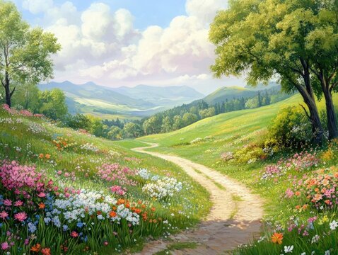 Idyllic path, vibrant wildflowers, rolling hills.