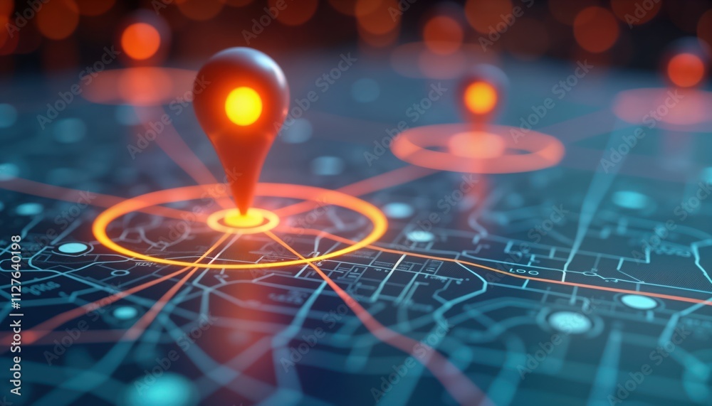 Poster Digital map highlights AI-driven GPS tech in delivery services, future transport logistics. Interactive map shows multiple location pins with route planning, geo-location. Future city transport