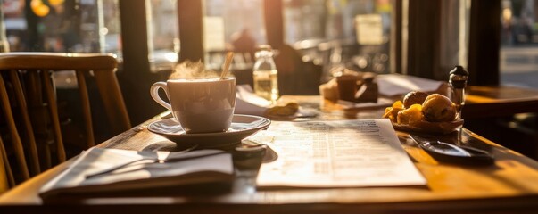 Morning sunlight streaming onto a cafe table with an open menu, showcasing specialty coffees and pastries