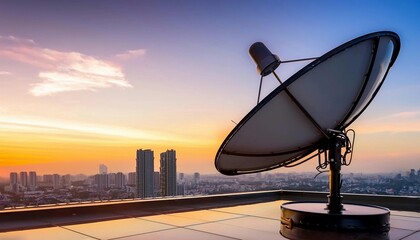 Satellite dish and tv antenna on the house roof with bright afternoon sky background with Silhouette of the urban city in the background.
