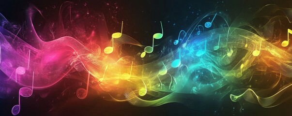 Music notes blending with colorful sound waves, energetic movement, dynamic music energy concept