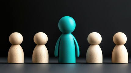 hiring Unique blue figure standing out in row of monochrome wooden figures, symbolizing individuality and uniqueness in group setting. job