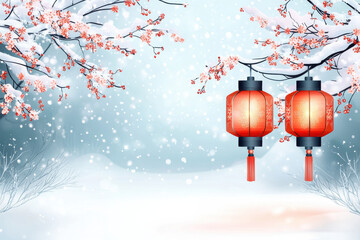Red lanterns in snowy landscape create serene winter scene