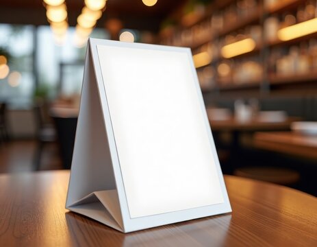 Blank menu stand on wooden table in restaurant. White acrylic stand for booklets. Blurred background shows cafeteria. Customers insert custom menu text. Ideal for restaurant promotional material