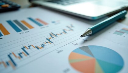 Fototapeta premium Financial data analysis shown on papers with charts, graphs. Documents show stock market information. Charts, graphs show financial data. Pen on papers with financial data analysis. Papers on desk