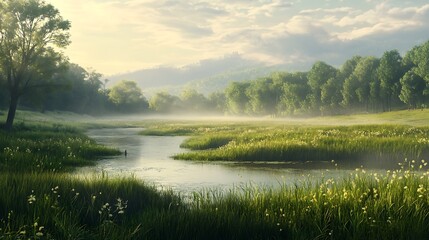 Obraz premium A serene landscape featuring a tranquil river surrounded by lush greenery and misty hills.