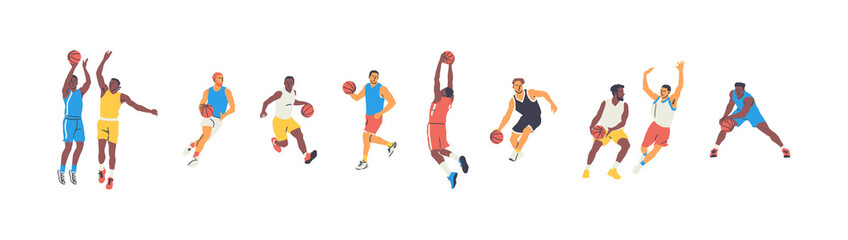 Set of diverse basketball player men athlete team figures. Colorful retro style ball game male players illustration collection. Includes basket slam dunk pose, jump on isolated background.   © Dedraw Studio