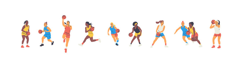 Set of diverse basketball player women athlete team figures. Colorful retro style ball game female players illustration collection. Includes basket slam dunk pose, jump on isolated background.	
