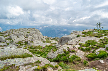 Rock formations on the route to Preikestolen (The Pulpit Rock), a tourist attraction in Rogaland county, Norway