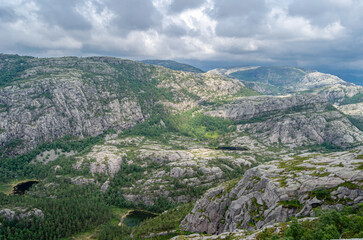 Obraz premium Rock formations on the route to Preikestolen (The Pulpit Rock), a tourist attraction in Rogaland county, Norway