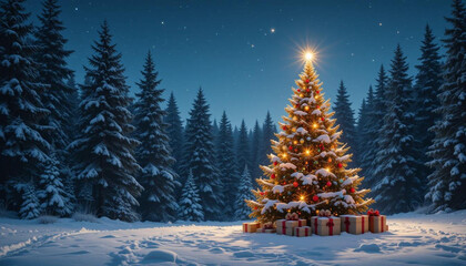 Christmas tree at night with star and gifts in snowy forest