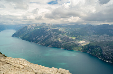 View of the Lysefjorden from Preikestolen (The Pulpit Rock), a tourist attraction in Rogaland county, Norway