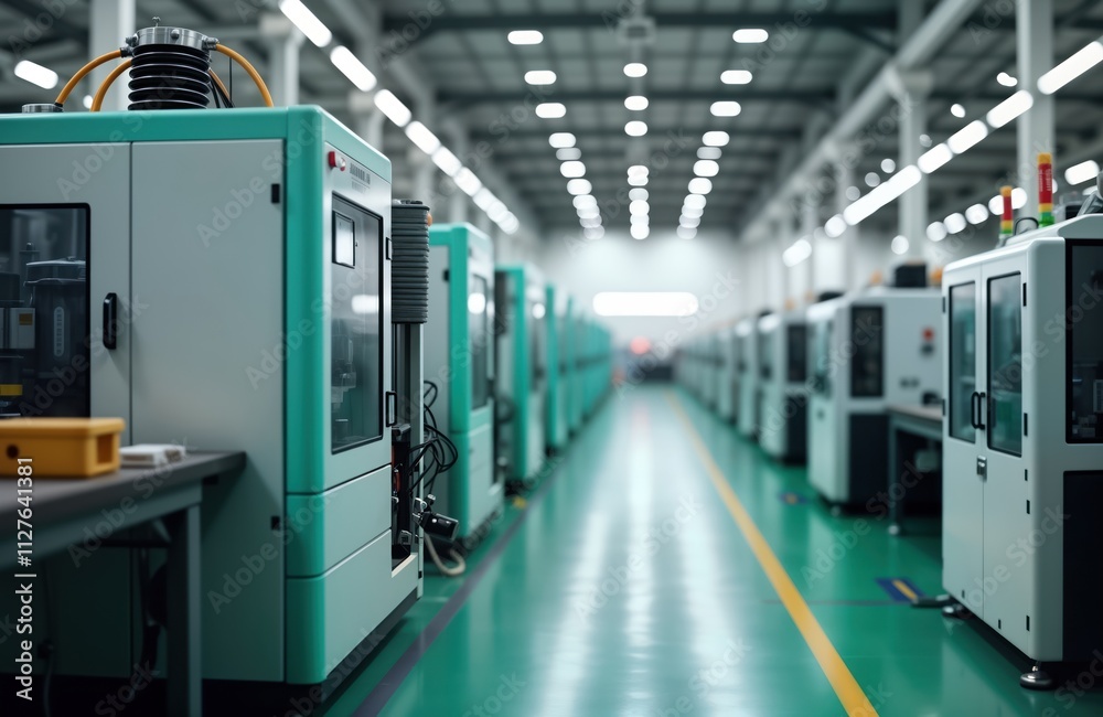 Poster Industrial interior view of plastic molding factory. Modern machines lined up in row. Automated production system in operation. Manufacturing process in high tech factory. Efficient factory line.