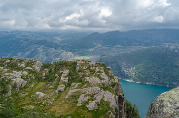 View of the Lysefjorden from Preikestolen (The Pulpit Rock), a tourist attraction in Rogaland county, Norway