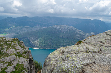 View of the Lysefjorden from Preikestolen (The Pulpit Rock), a tourist attraction in Rogaland county, Norway