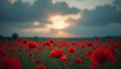 Obraz premium Poppy field stretches under dramatic cloudy skies. Sun sets softly behind dark clouds. Field red with poppies. Scene peaceful, evocative. Remembrance theme apparent. Ideal for memorial day