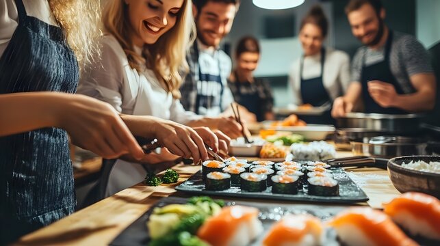 Friends Enjoying a Hands-On Sushi Making Class Together