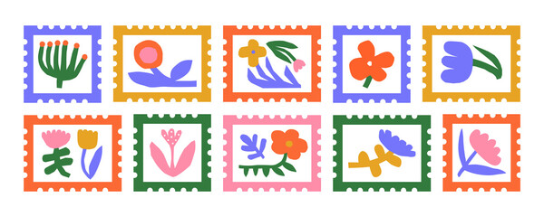 Colorful floral post card stamp sticker set. Vintage style flower cartoon illustration collection. Old mail postage element bundle, spring season nature postmark label with flowers.	
