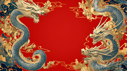 Fototapeta premium Oriental frame with gilded dragons on red lacquer. Gilded. Illustration