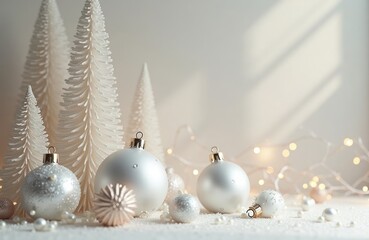 Fototapeta premium Elegant Christmas decor. White Christmas trees and balls with pearls. Soft light background. Festive and minimalist style. Perfect for holiday cards or invitations. Simple yet chic holiday concept.