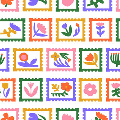 Fototapeta premium Colorful floral post card stamp seamless pattern illustration. Vintage style flower background design. Old mail postage wallpaper print, spring season nature backdrop postmark label with flowers. 