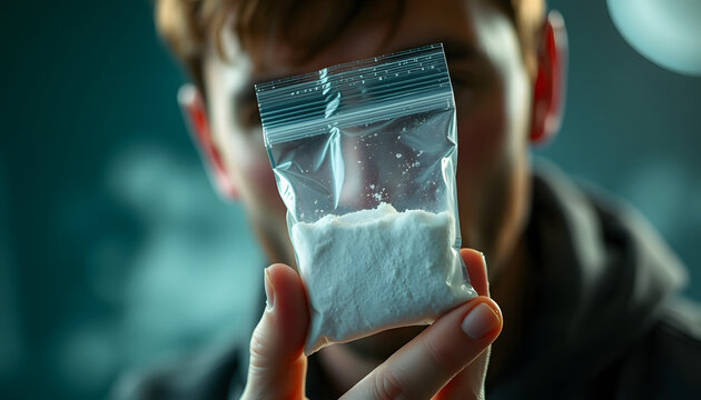 Drug addiction. Man with plastic bag of cocaine on blurred background, selective focus isolated with white highlights, png