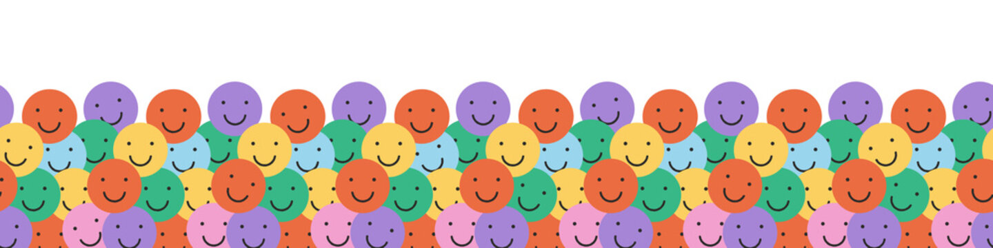Naklejki Colorful smiling face sticker cartoon seamless pattern. Funny retro smile faces background illustration. Vintage character wallpaper, fun pastel color texture print.
