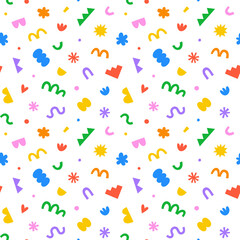 Fun colorful geometric shape seamless pattern. Creative abstract children style art background for kids, trendy design with organic geometry shapes. Simple childish wallpaper texture.	