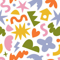 Fun colorful geometric shape seamless pattern. Creative abstract children style art background for kids, trendy design with organic geometry shapes. Simple childish wallpaper texture.	