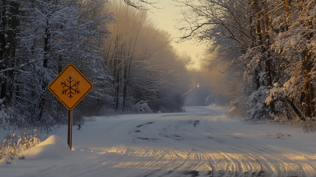 Snowy forest road with winter caution sign at sunrise
